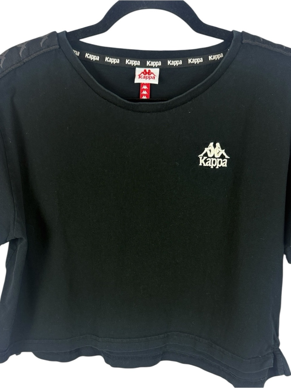 Kappa Cotton Embroidered Logo Crop Top Black T-Shirt Side Logo Tape Size Large